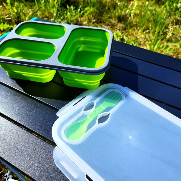 Ланч-бокс складной силиконовый с столовыми приборами, 3 отделения 1150 мл., Зеленый